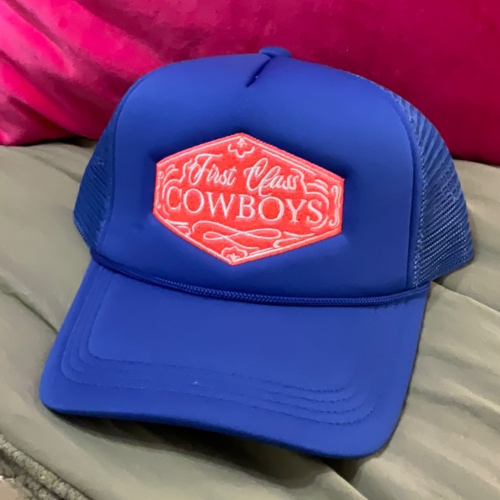 Blue Trucker Hat with Pink 'First Class Cowboys' Patch